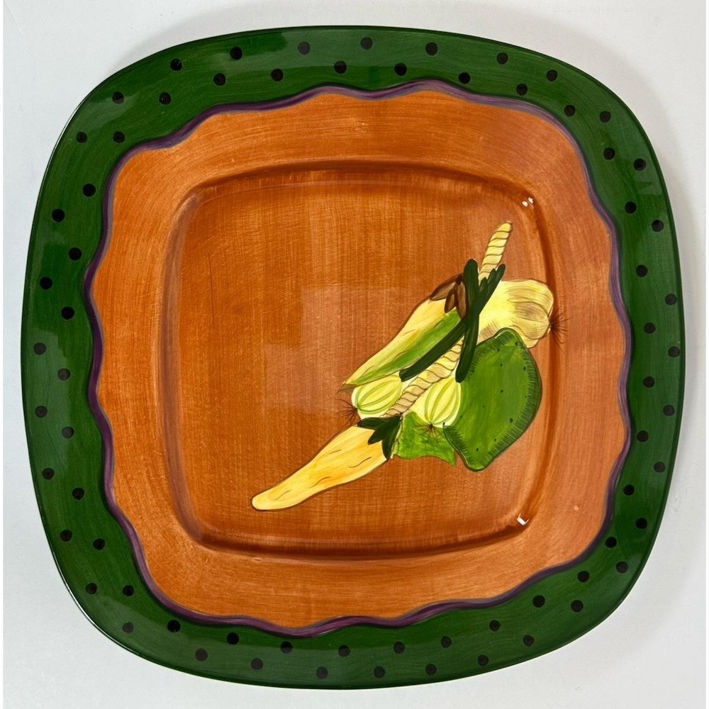 Laurie Gates Square Dinner Plate 11 3/8" Veg Pepper Rust Orange Green Black Dot
